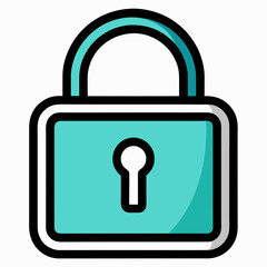 Turquoise lock symbol with black and white outline security padlock