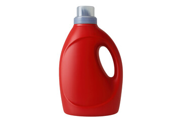Red plastic detergent bottle with measuring cap isolated on transparent background, perfect for mockups and presentations