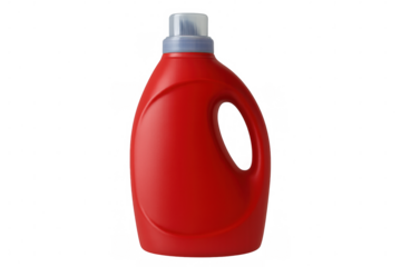 Red plastic detergent bottle with measuring cap isolated on transparent background, perfect for mockups and presentations