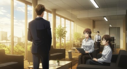 Fototapeta premium Modern Office Scene Professionals Collaborating in a Sunlit Workspace