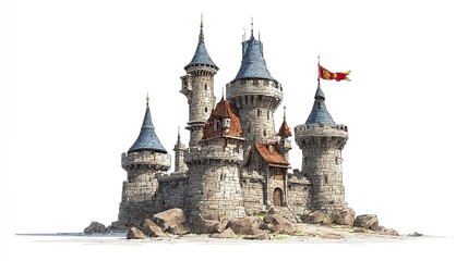 Detailed illustration of a fairytale castle with towers, flag, and stone walls.