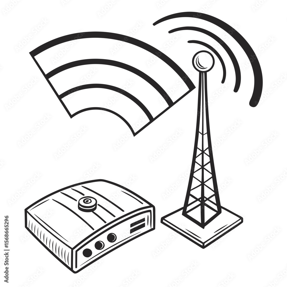 Poster wireless communication tower and router wifi signal