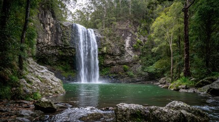 Fototapeta premium Waterfall cascading into a tranquil pool in a lush forest