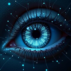 Futuristic human eye with glowing digital interface, representing artificial intelligence, technology innovation, and virtual reality concepts