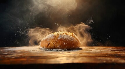 Artisan sourdough bread on rustic wooden table with flour dusting against black background