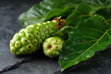 Great morinda Noni fruit and leaves on a black stone background