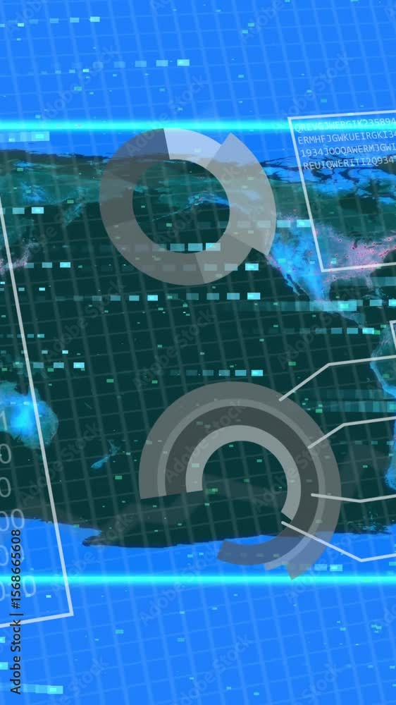 Poster animation of data processing over world map on blue background