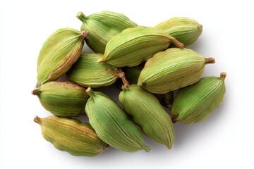 Green cardamom seeds on a white background viewed from above
