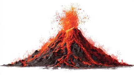 Volcano erupting; lava flowing down cone shape, orange plume against white back