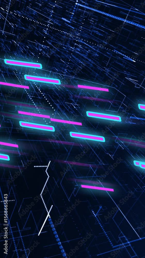Poster animation of glowing light trails of data transfer moving in fast motion