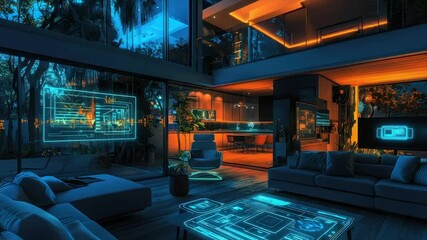 Modern smart home, night view, futuristic design.  Interior living area with interactive displays and illuminated features