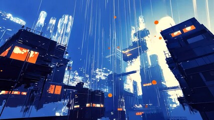 Futuristic city drenched in rain, vibrant colours, and abstract shapes - Powered by Adobe