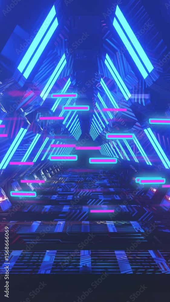Poster animation of glowing light trails of data transfer moving over neon tunnel