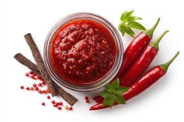Isolated hot chili paste Spicy gochujang red pepper sauce harissa sambal chili dip on white