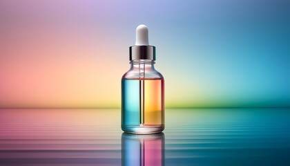 Naklejka premium a vibrant glass dropper bottle reflecting pastel colors against a soft gradient background