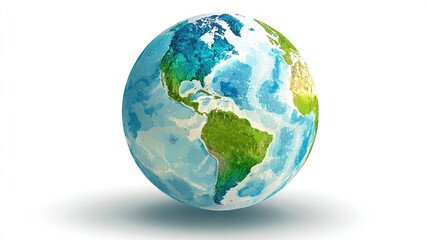 Globe painted with blue seas, green continents, and white shadow on a white background