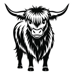 Fototapeta premium Highland Cow Illustration Black and White Line Art of a Scottish Highland Cattle