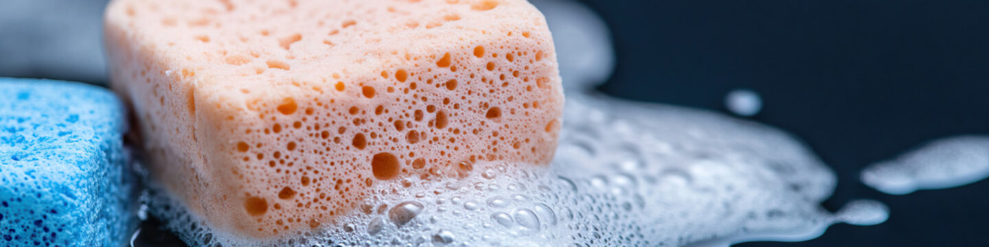 Peach and Blue Cellulose Sponges in Soapy Water