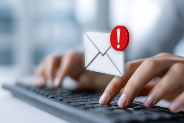 Notification alert appears while a person types on a keyboard in a modern office setting during the daytime