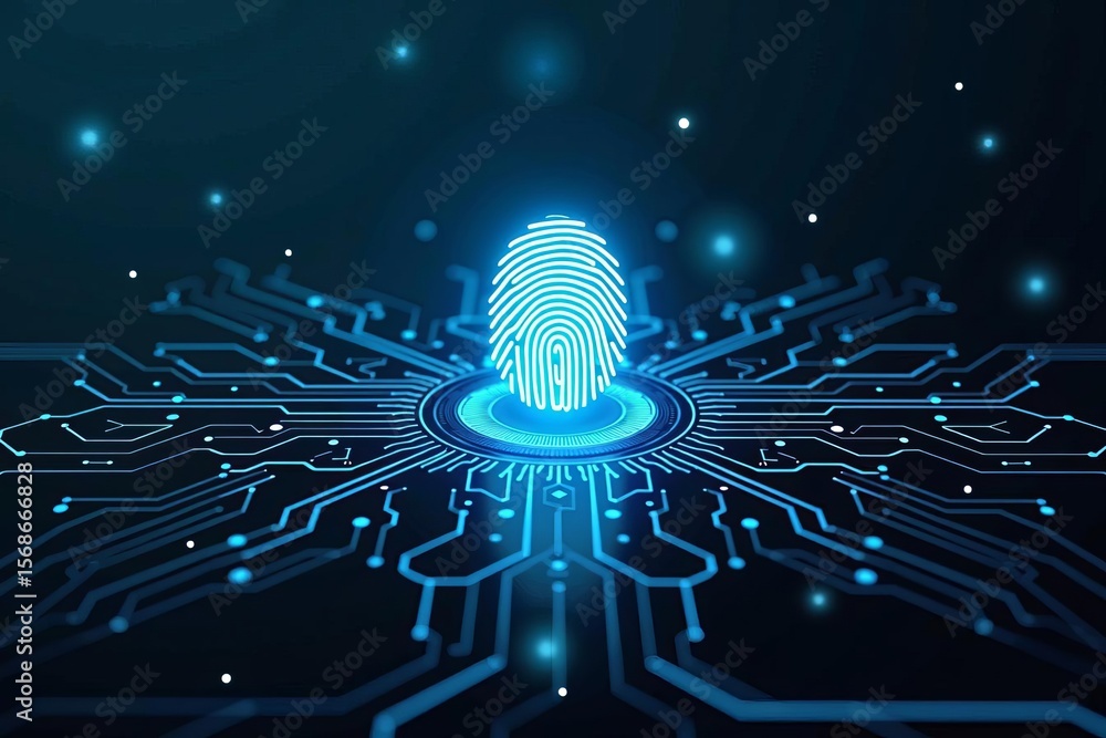 Poster glowing digital fingerprint scanning on futuristic circuit board background symbolizing cybersecurit