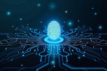 Glowing digital fingerprint scanning on futuristic circuit board background symbolizing cybersecurity, biometrics, and advanced digital identity protection