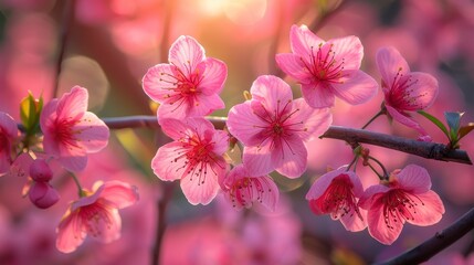 Obraz premium Pink blossoms on a branch, backlit by golden sunlight, creating a soft, dreamy, and enchanting atmosphere
