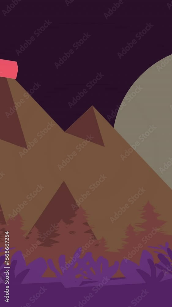 Poster animation of abstract shapes moving on landscape background