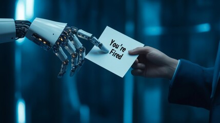 A robotic hand receives a card from a human hand that says "You're Fired," symbolizing automation and job displacement.