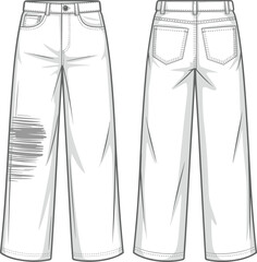 Stylish Distressed Wide Leg Jeans Flat Technical Sketch, Front and Back Views, Featuring Rips and Pockets, Ideal for Casual Apparel Design.