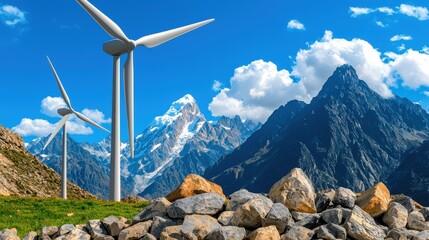 Wind Turbines Against Mountain Range Under Blue Sky On Sunny Day