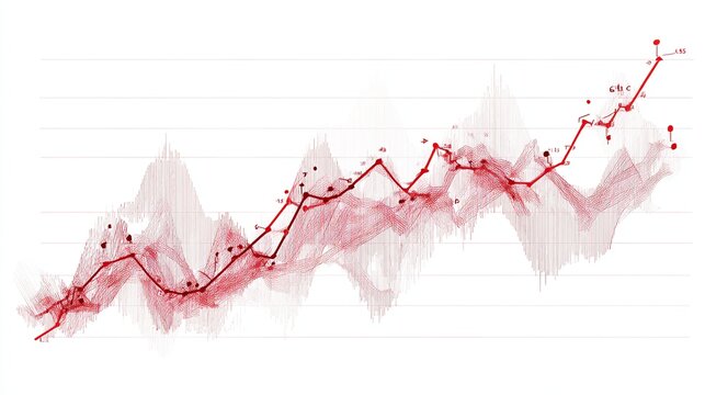 Abstract red line graph on white background, showcasing upward trend with subtle data fluctuations and textured waves, suggesting growth or progress - Powered by Adobe