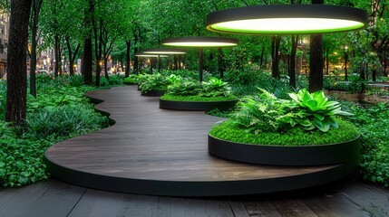 Winding Wooden Path Through Green Park Illuminated by Modern Disc Lights Overhead