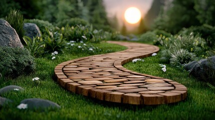 Winding Wooden Path Through Lush Green Meadow at Sunset