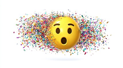 Shocked emoji is surrounded by floating colorful confetti on a white background