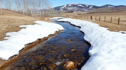 Winter Stream in Mountain Meadow Snow Dusted Banks and Clear Blue Sky