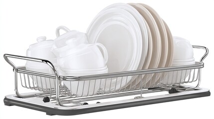 Dishes drain on metal rack, plates, bowls, and dishwater under it on white ground