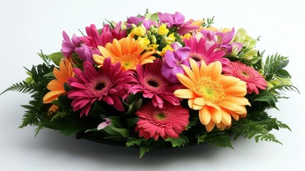 Bright gerbera daisies arrangement with fern, pinks, and yellow accents. Perfect for conveying love, celebration, or sympathy messages online.