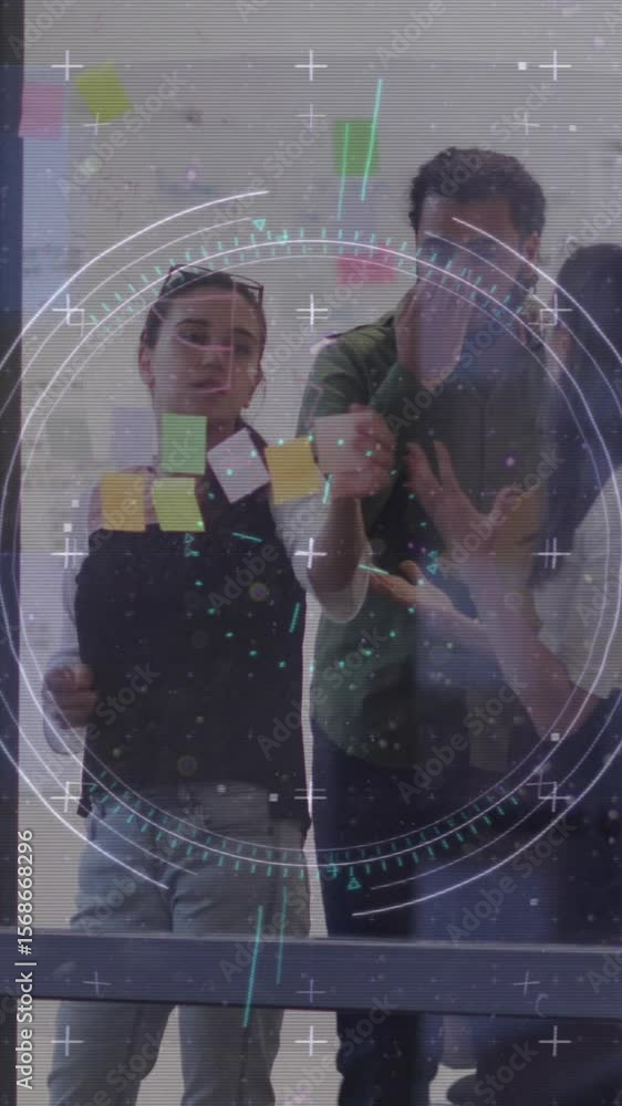 Poster animation of data processing over diverse business people in office