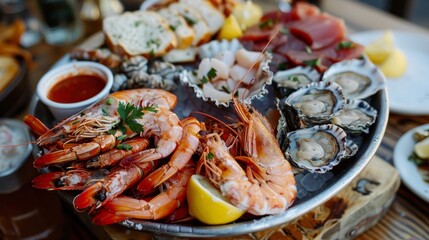Elegant presentation of a variety of fresh seafood on a plate from a bird s eye perspective