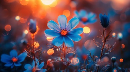 Blue flowers under a warm, blurred sunset with sparkling bokeh lights create a dreamy, vibrant garden