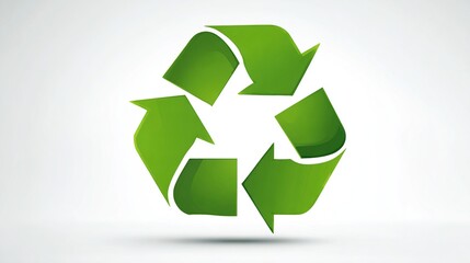 Green recycling symbol of triangular arrows looping against a bright, neutral backdrop
