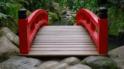Wooden Bridge with Red Railings Over Gentle Stream in a Verdant Garden Landscape