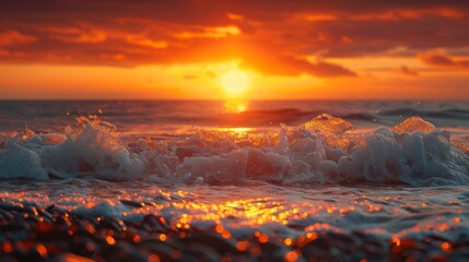 Fototapeta premium Sunset paints the sea orange, with waves crashing on a pebble beach, glittering from the sun