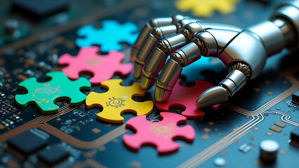Robotic Hand Sorting Puzzle Pieces on Circuit Board – Tech & Innovation Metaphor