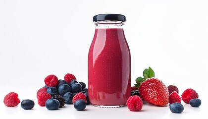 Berry smoothie in glass bottle with fresh berries