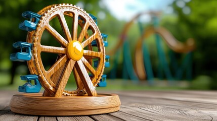 Wooden Ferris Wheel Miniature on Rustic Table, Blurred Amusement Park Background