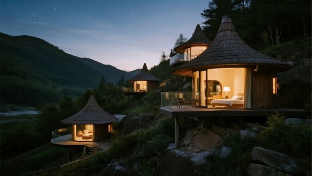 A series of floating wooden huts with glass walls and thatched roofs, perched on the edge of mountainous terrain at night. - Powered by Adobe