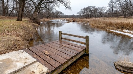 Wooden Dock on Calm Winter Water, Overcast Sky
