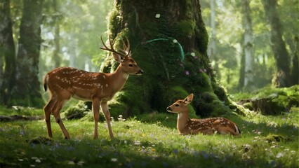 A beautiful deer with white spots stands in the forest near an old mossy tree.