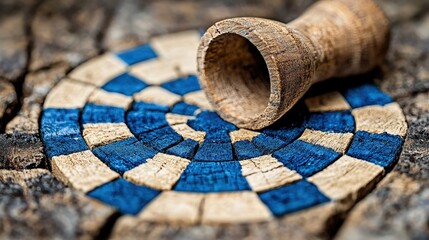 Wooden Game Piece on Blue and Beige Circular Board